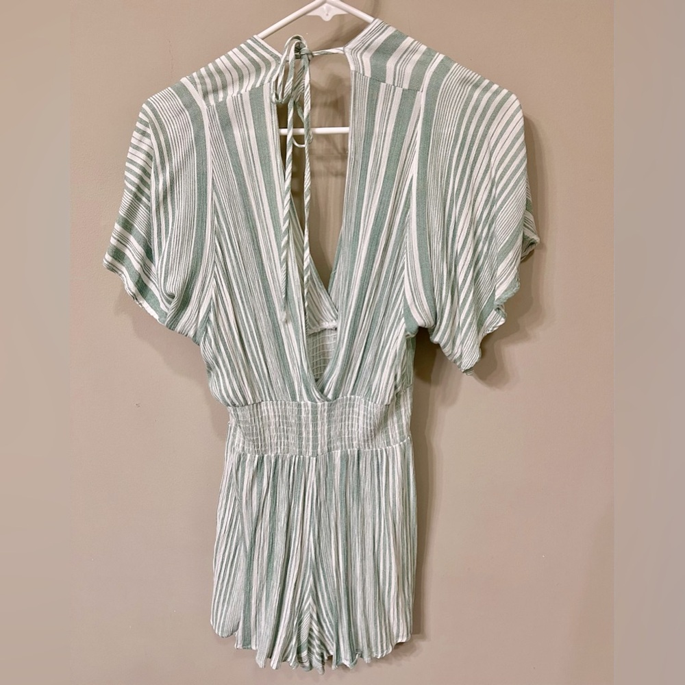 Blue and green striped romper.